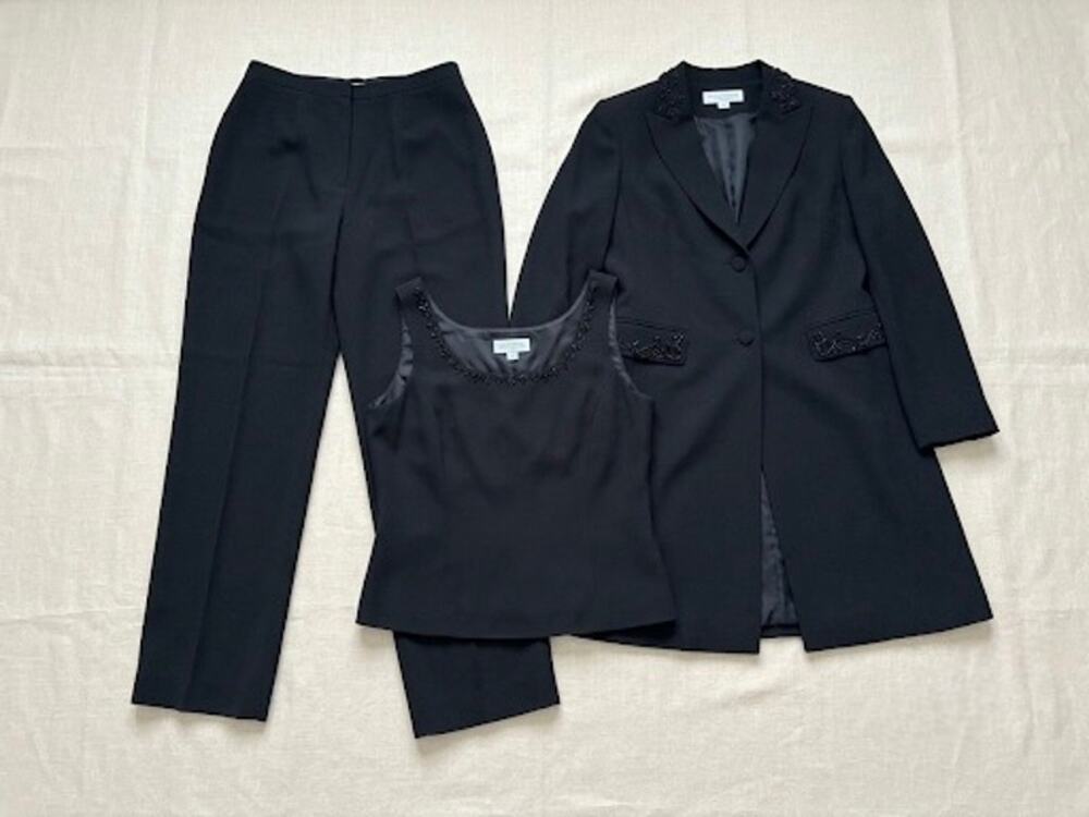 Beaded 3 Piece Pant Suit Black Blazer Trousers Tank Dark Academia Vintage Chic
